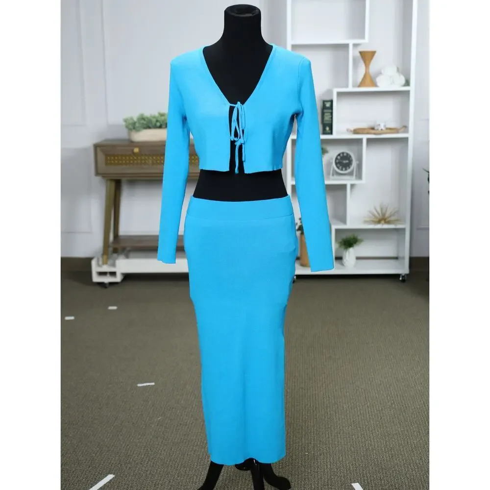 NWT Turquoise Knit Two-Piece Skirt Tie Front Cardigan Midi Skirt Resort Coastal